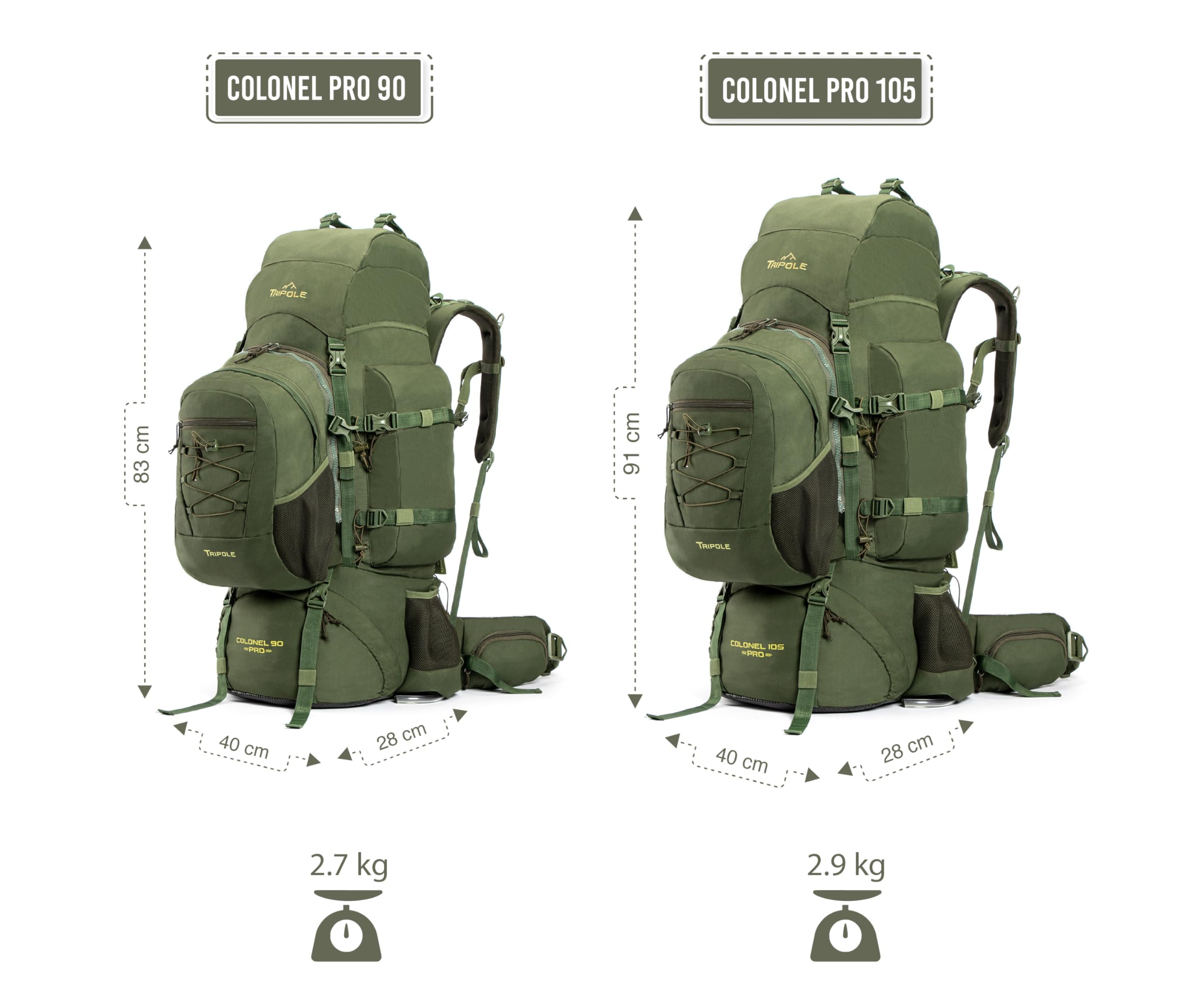 Tripole Colonel 95L Rucksack with 15L Detachable Daypack – Army Green