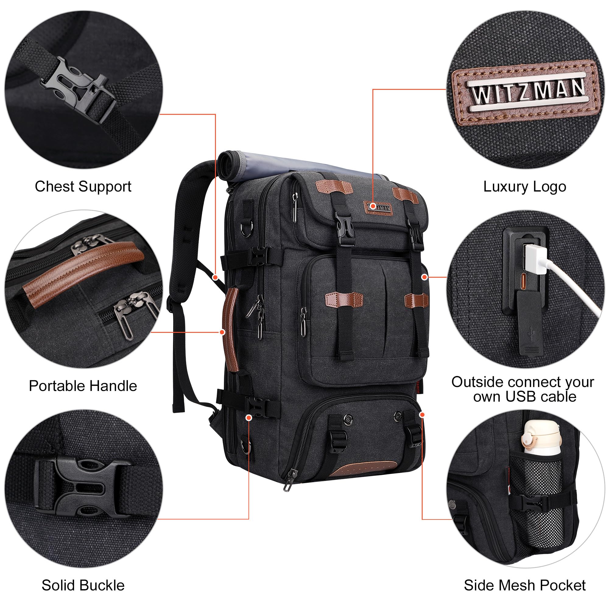 WITZMAN 40L Travel Backpack – 3-in-1 Carry-On Laptop Rucksack (Fits 17")