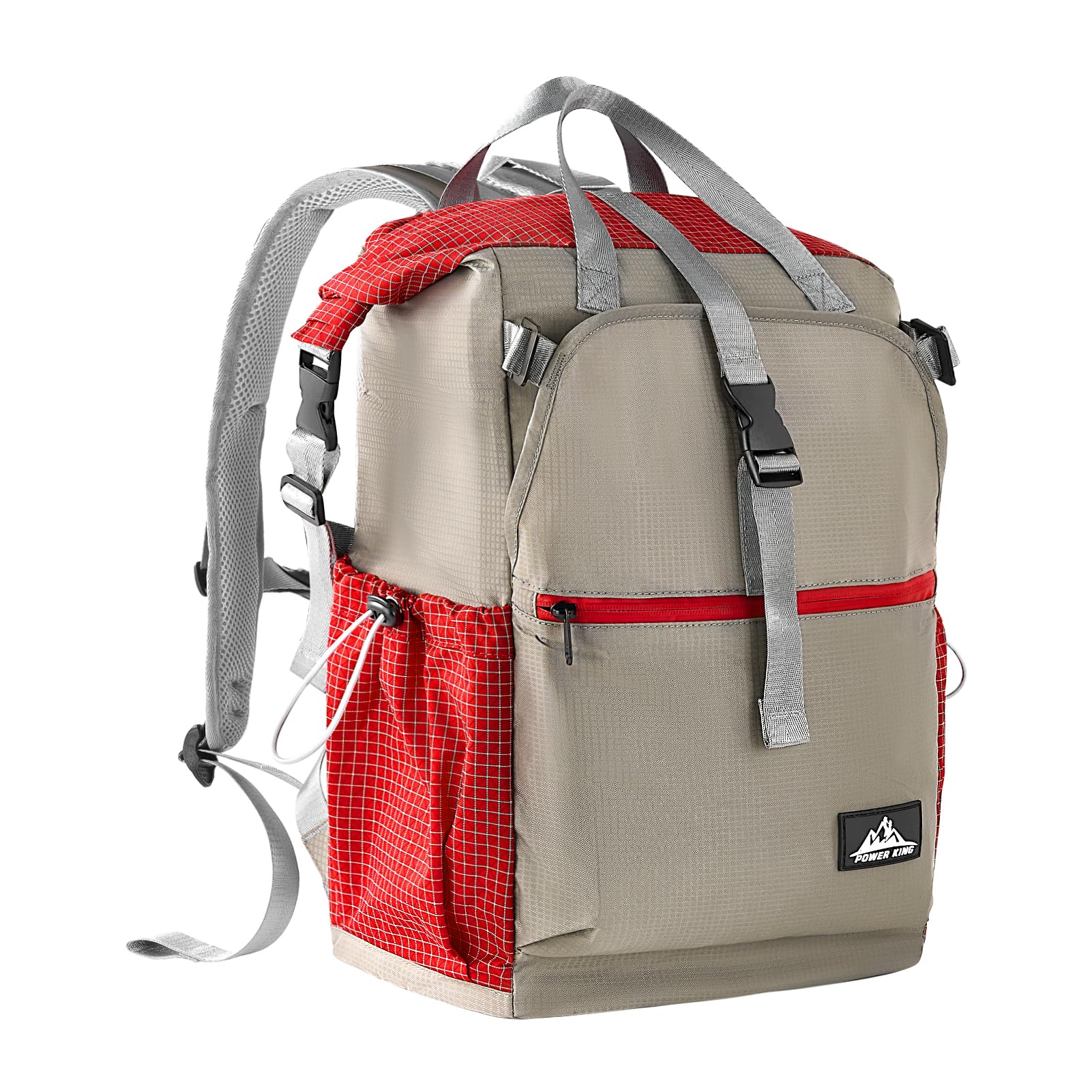 POWER KING 35L–45L Roll-Top Hiking Backpack – Red & Grey
