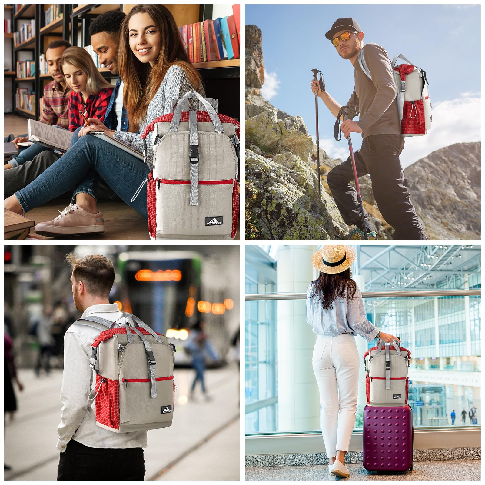 POWER KING 35L–45L Roll-Top Hiking Backpack – Red & Grey