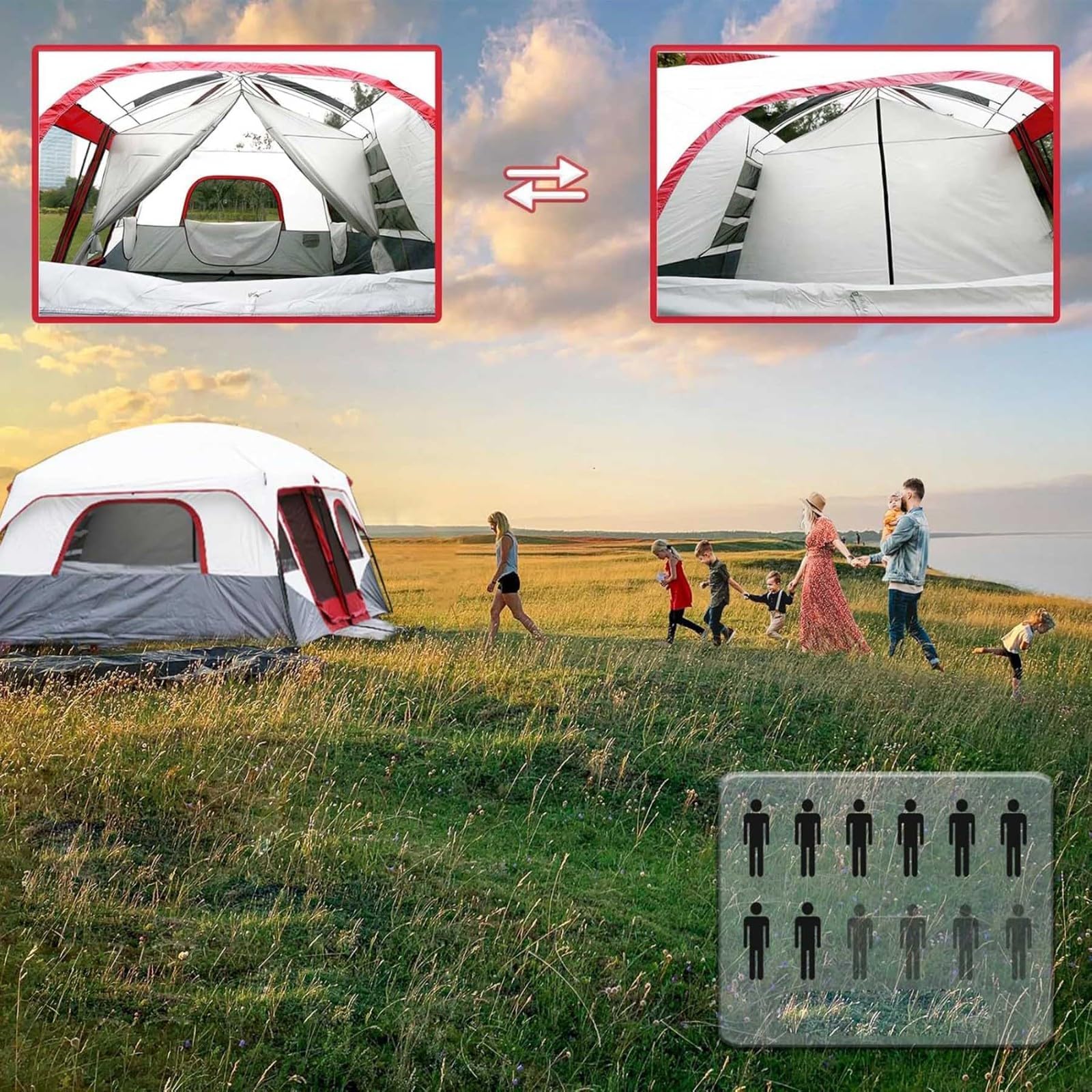 Outdoor Family Camping Tent, 4-6/8-12 Person, 2 Darkened Bedrooms, 360° Panoramic View Festival Dome Tent, Stable Steel Pole Construction, Waterproof Windproof, Easy Setup for Hiking & Family
