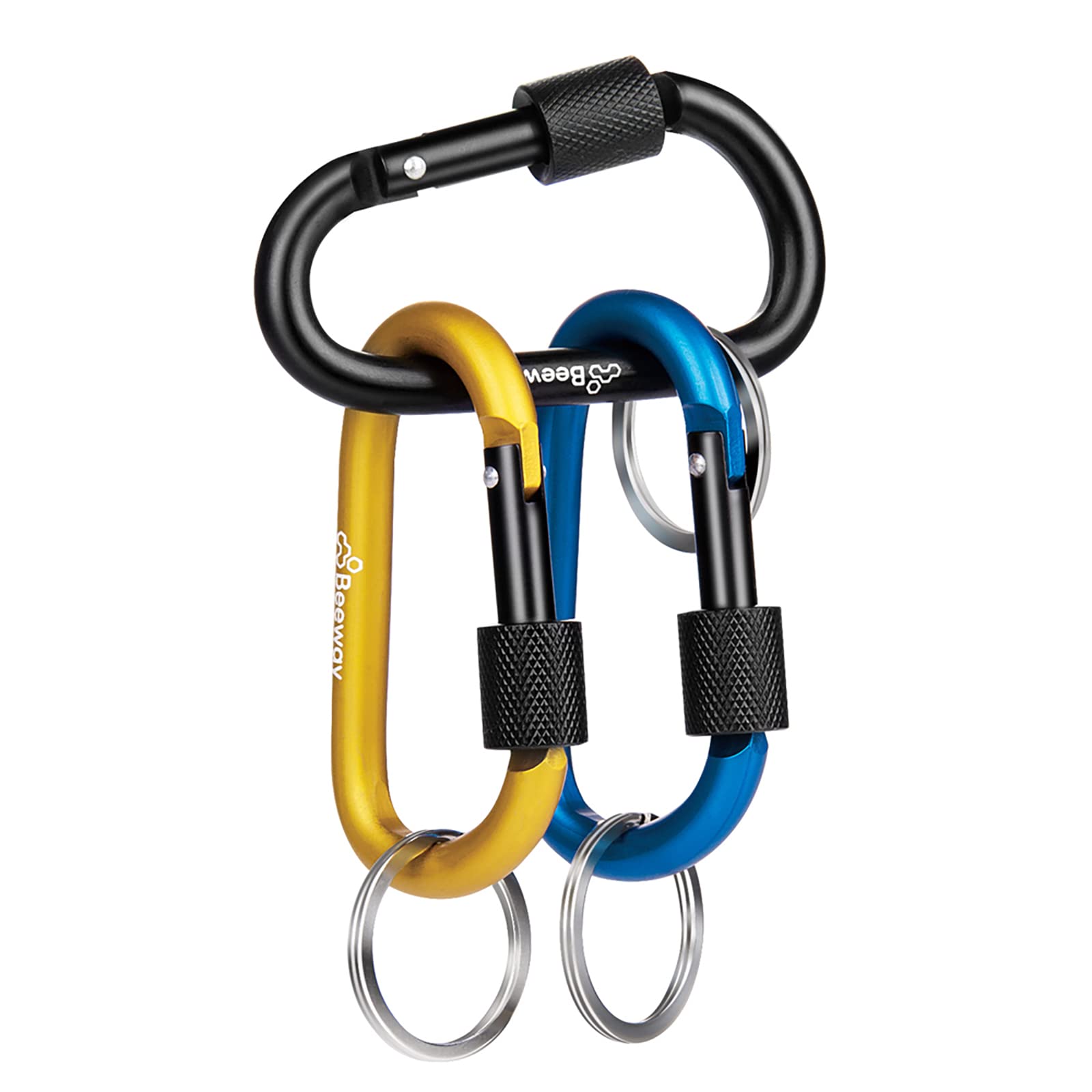 BeeWay Aluminium Locking Carabiner Set – 3 Pack (Black, Blue, Gold)