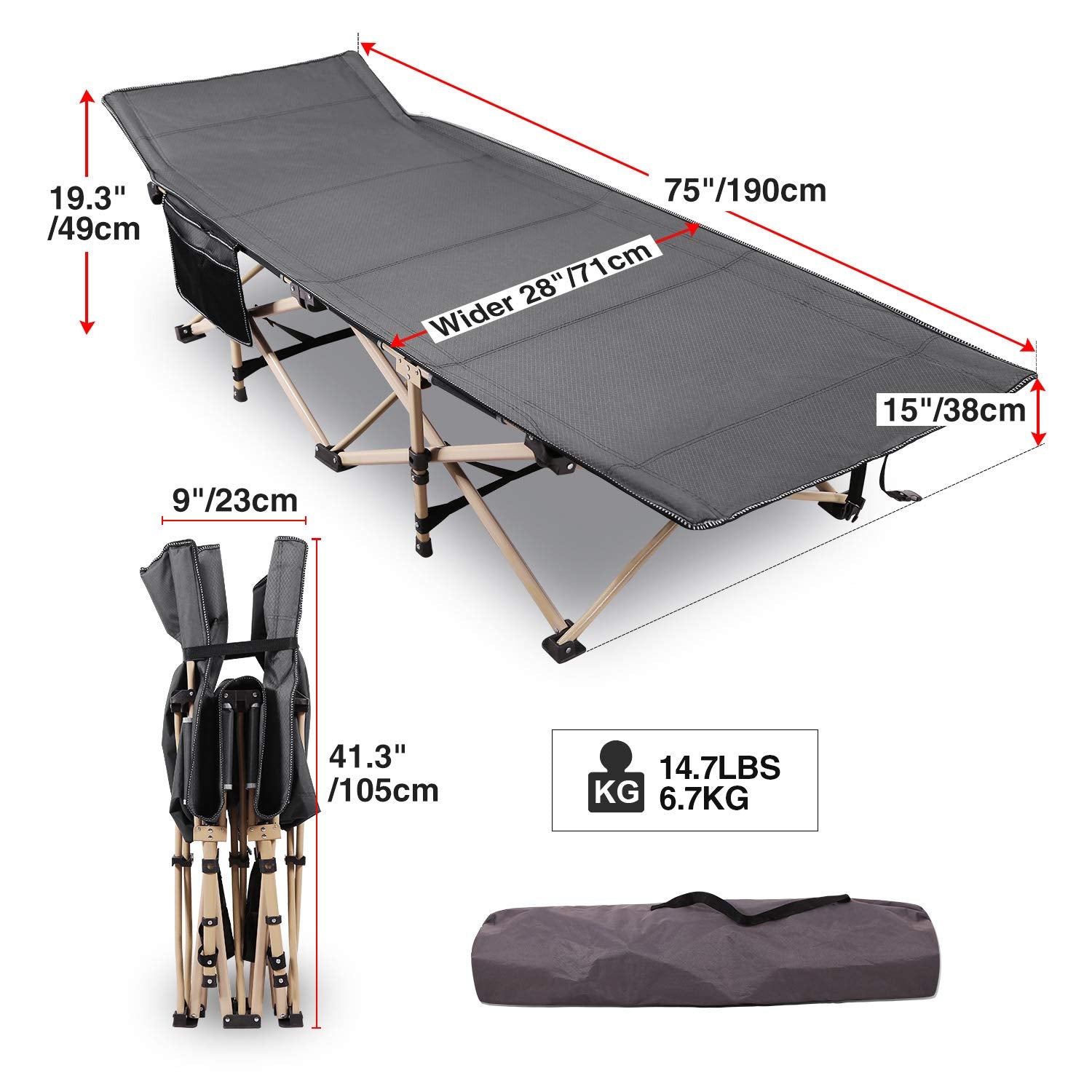 REDCAMP Heavy-Duty Folding Camping Cot – Grey