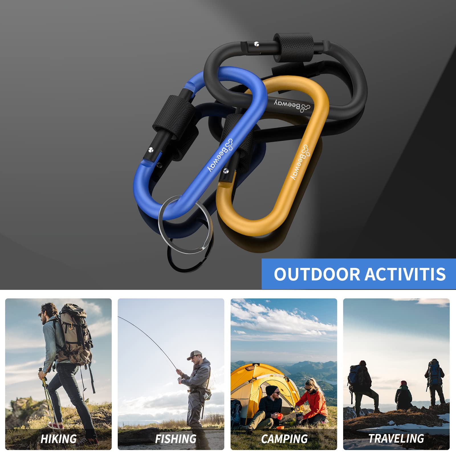 BeeWay Aluminium Locking Carabiner Set – 3 Pack (Black, Blue, Gold)