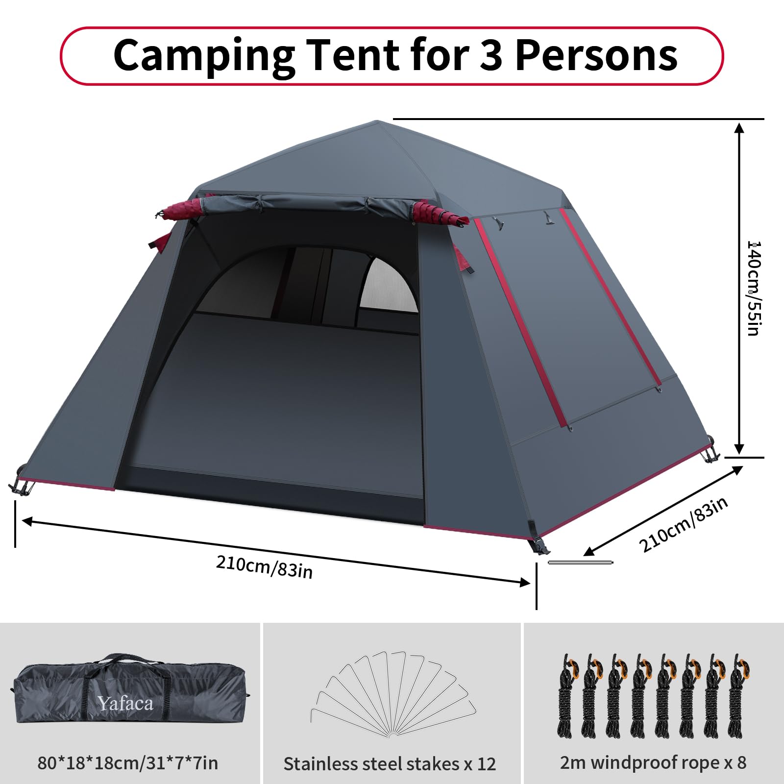 Pop-Up Waterproof Camping Tent | Auto Instant Setup | Removable Rainfly & UV Cover | 2–4 Person | Grey
