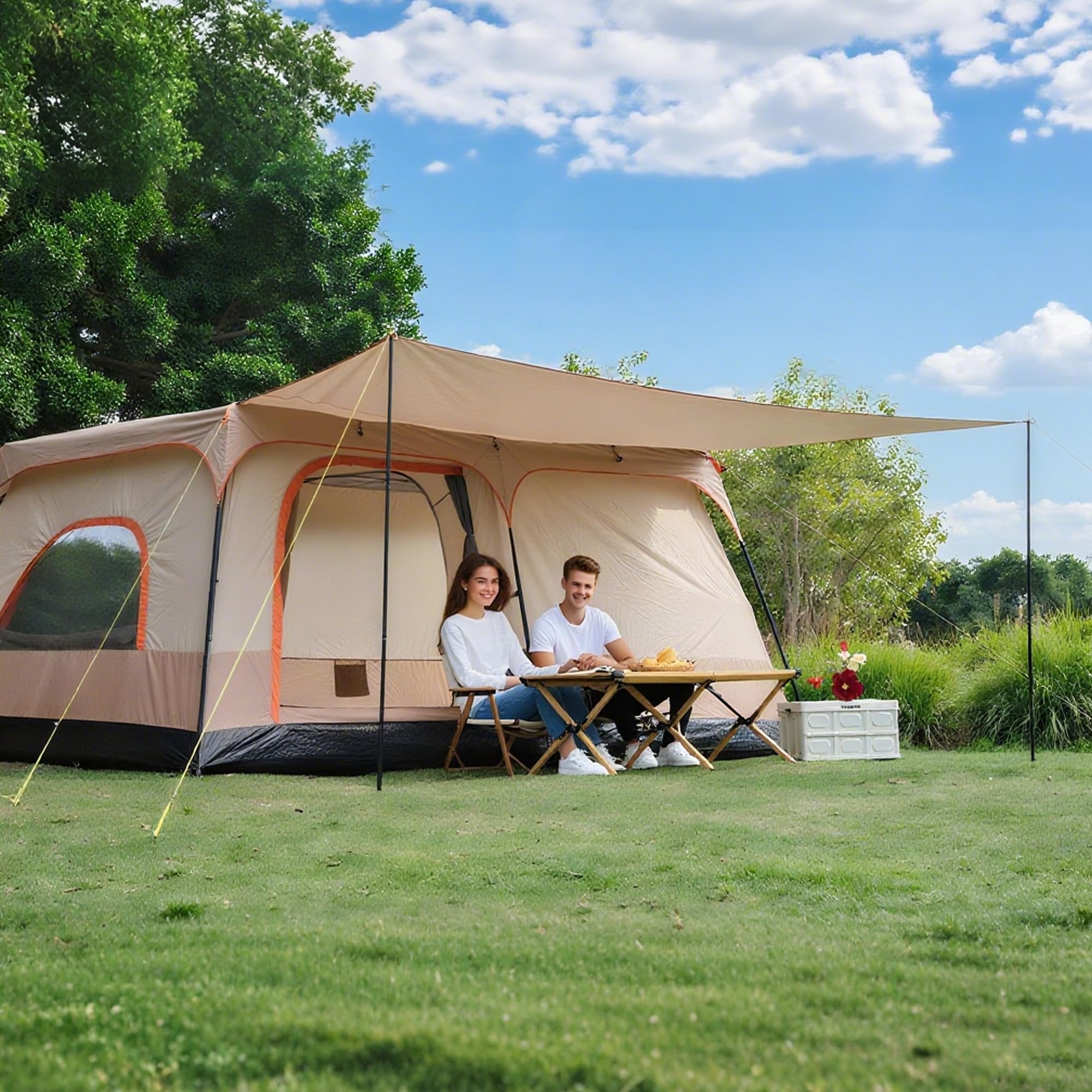 QQ CAT 6-Person Dual-Room Family Camping Tent – Beige