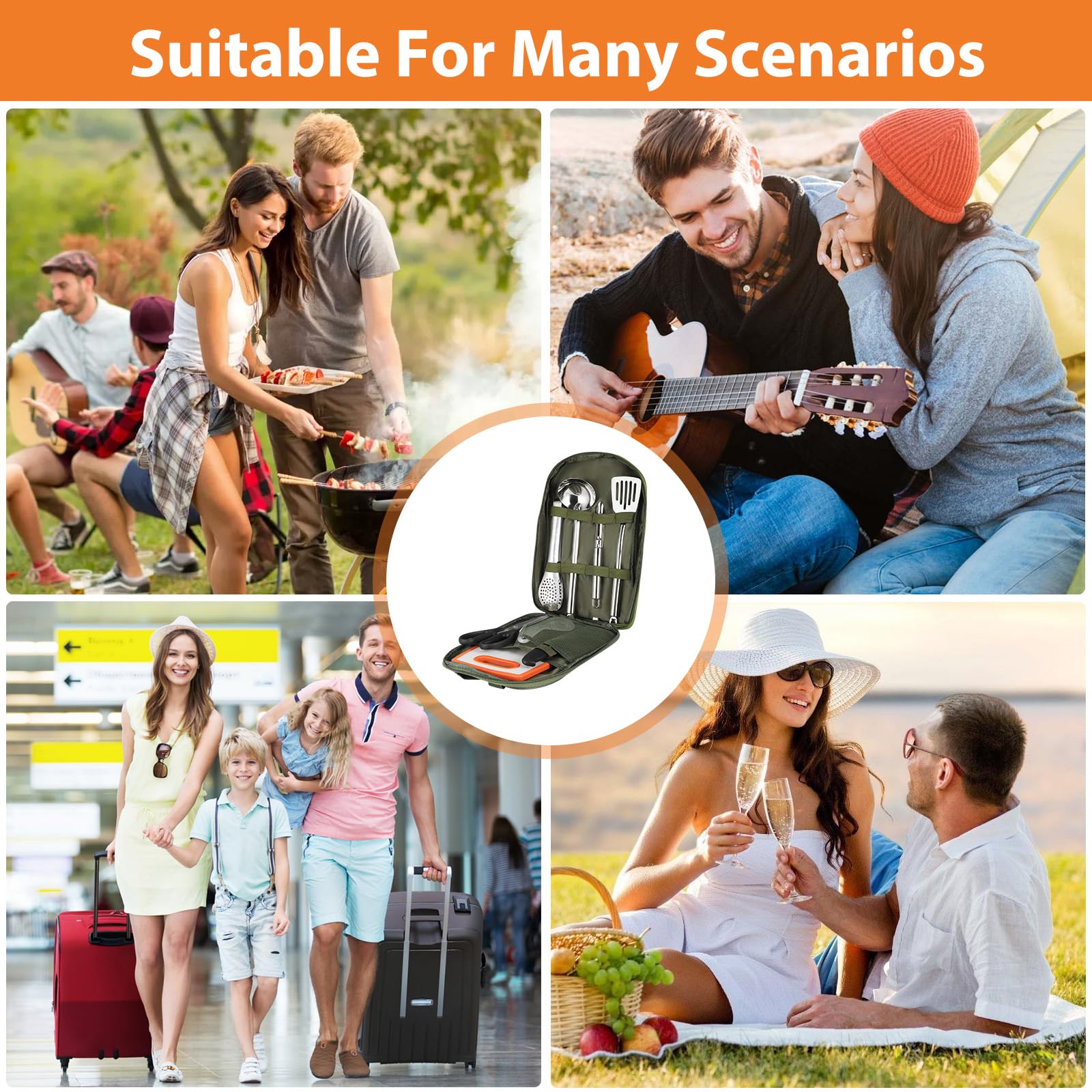 8Pcs Camping Cutlery Set,Portable Camping Cooking Utensils Set,Outdoor Camping Kitchen Utensils Organizer Kit for Travel, Picnics, RVs, BBQs, Hiking