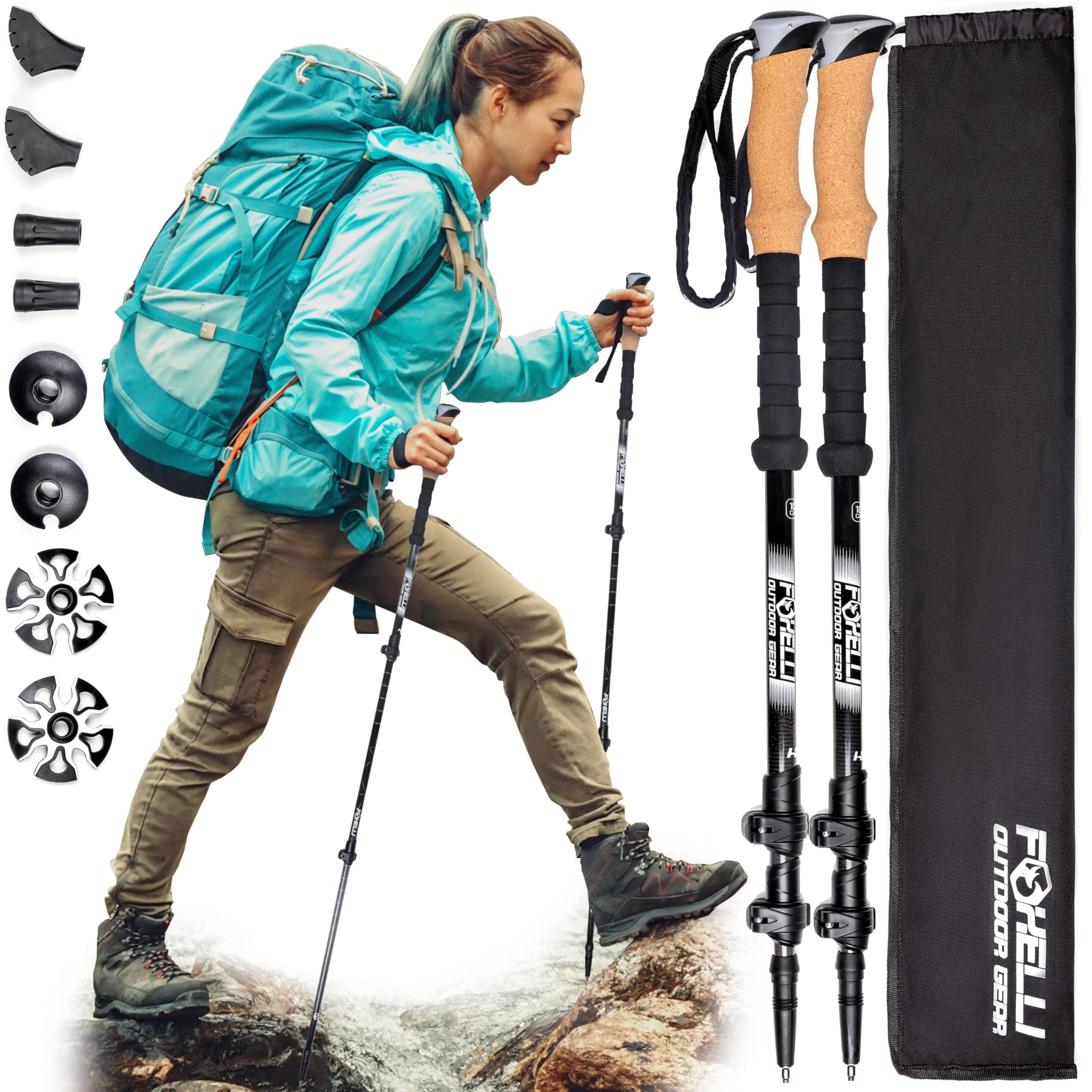 Foxelli Carbon Fiber Trekking Poles – Lightweight, Collapsible, Shock-Absorbent with Cork Grips & Carry Bag